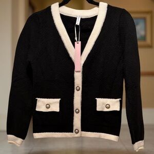 NWT Casly Lamiit Women’s Elegant Contrast Knit Cardigan Sweater Black White XS